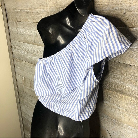 Wilfred (aritzia) small Blue/white Pinstripe Estée Blouse Ruffled one shoulder - Picture 4 of 4